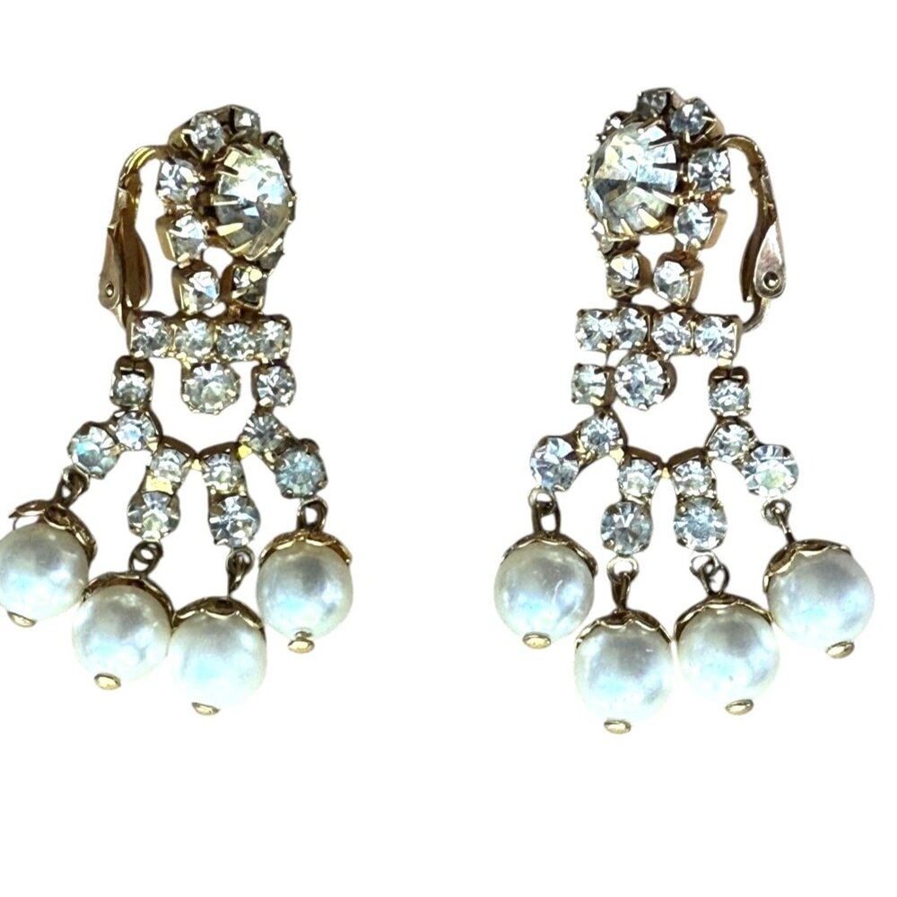 Vintage Gold-Tone Clip-On Earrings With Rhinestone & Faux Pearl Dangling Design
